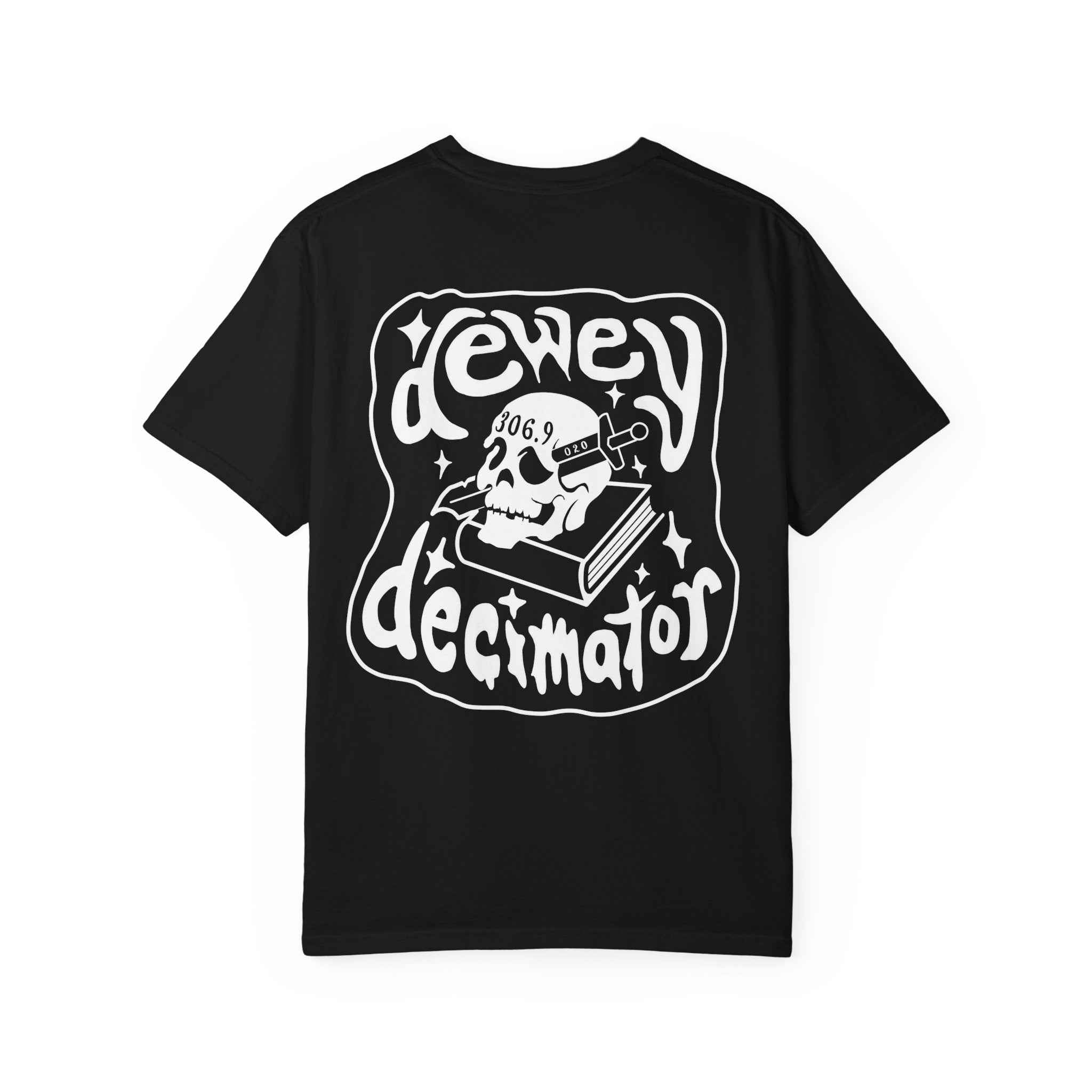 Dewey Decimator T-shirt -- Small Design front, large back