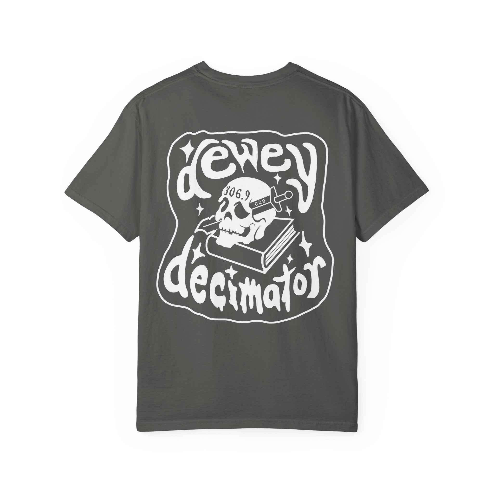 Dewey Decimator T-shirt -- Small Design front, large back