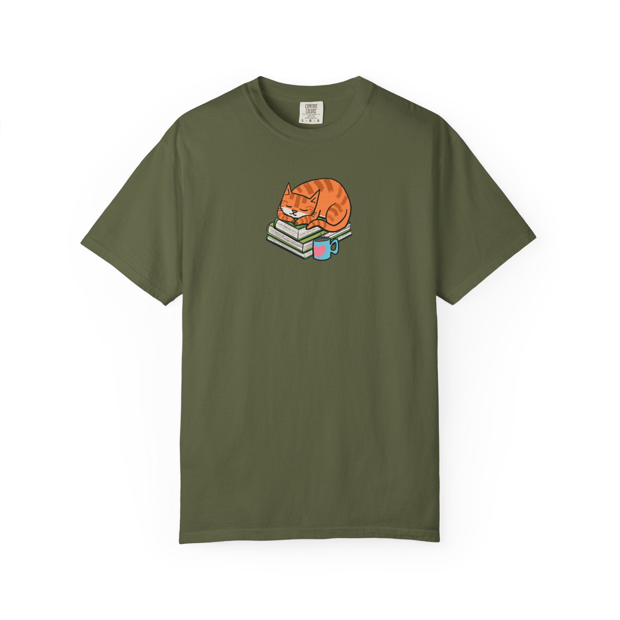 Cute Cat with Books Unisex Garment-Dyed T-Shirt, Cozy Tee, Cat Lover Gift, Bookworm Apparel, Fun Casual Wear, Perfect for Birthday