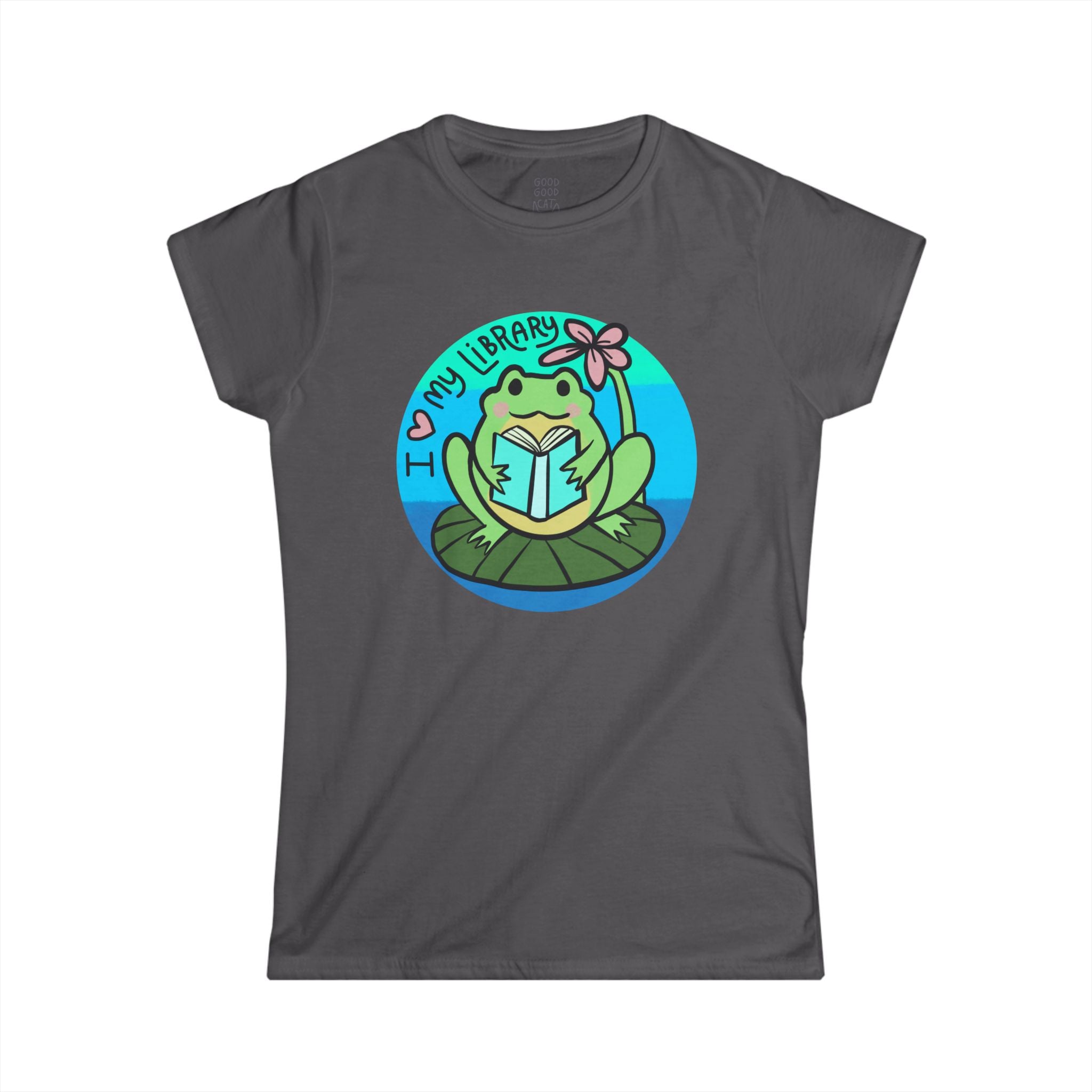 Cute Frog Library Tee | Women's Softstyle Tee, Book Lover Gift, Reading Shirt, School Spirit, Library Day Apparel, Frog Lover T-Shirt