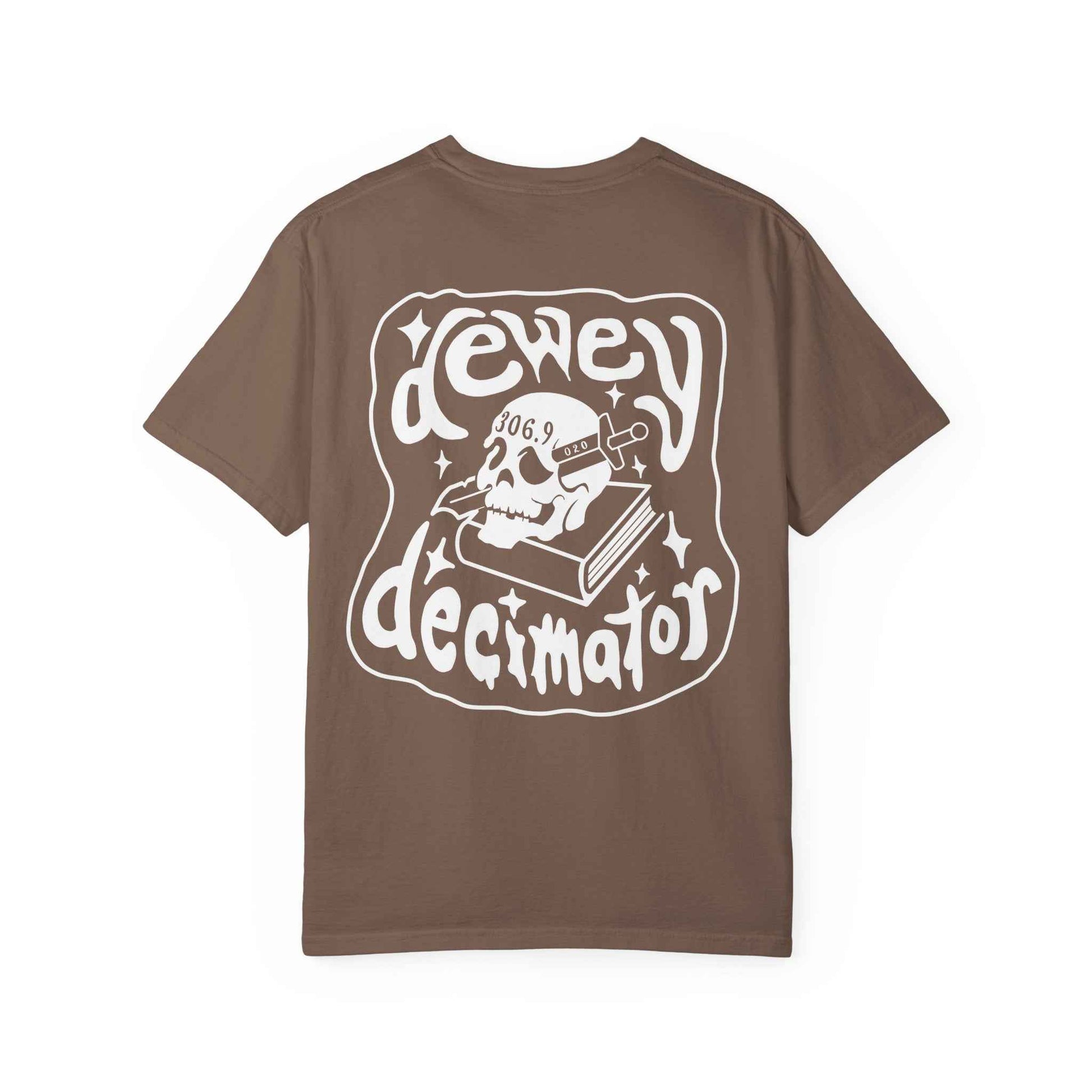 Dewey Decimator T-shirt -- Small Design front, large back