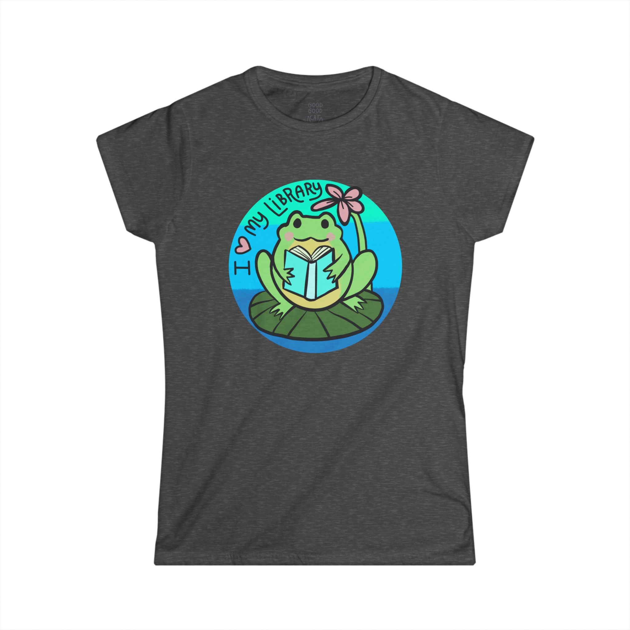 Cute Frog Library Tee | Women's Softstyle Tee, Book Lover Gift, Reading Shirt, School Spirit, Library Day Apparel, Frog Lover T-Shirt