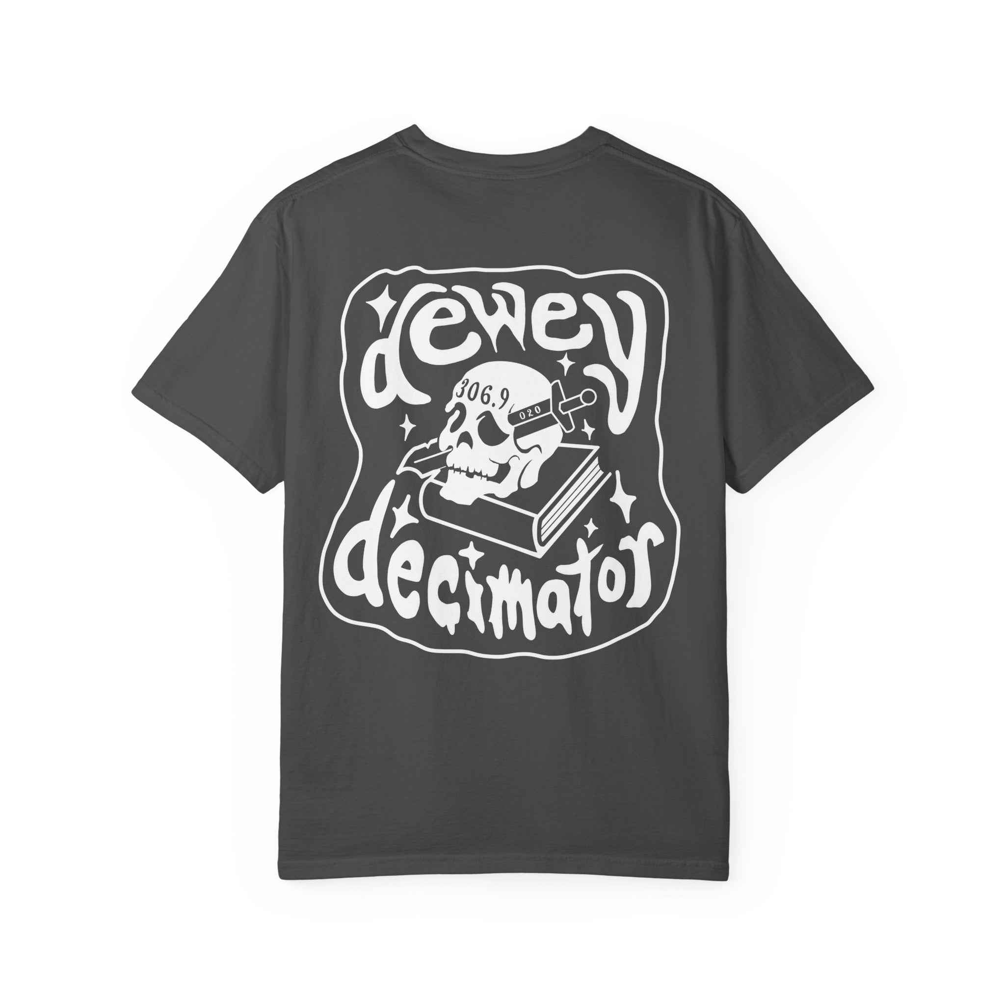 Dewey Decimator T-shirt -- Small Design front, large back