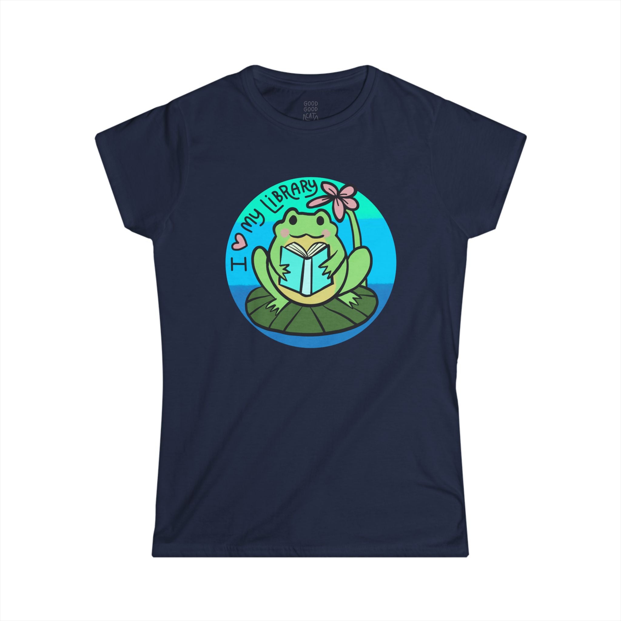 Cute Frog Library Tee | Women's Softstyle Tee, Book Lover Gift, Reading Shirt, School Spirit, Library Day Apparel, Frog Lover T-Shirt