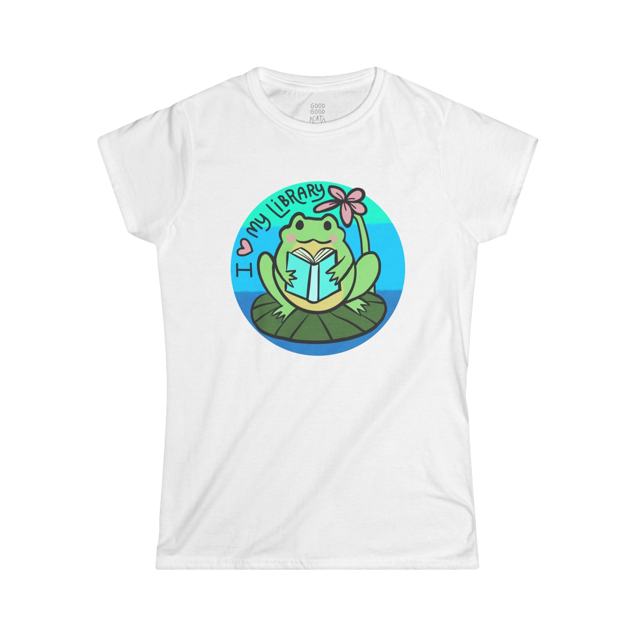 Cute Frog Library Tee | Women's Softstyle Tee, Book Lover Gift, Reading Shirt, School Spirit, Library Day Apparel, Frog Lover T-Shirt