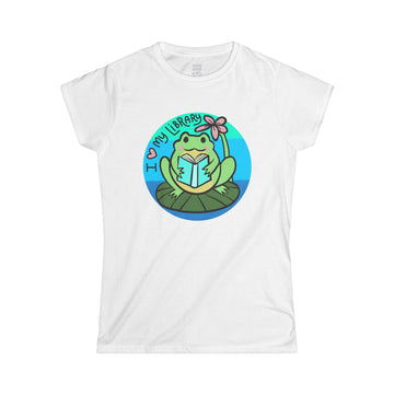 Cute Frog Library Tee | Women's Softstyle Tee, Book Lover Gift, Reading Shirt, School Spirit, Library Day Apparel, Frog Lover T-Shirt