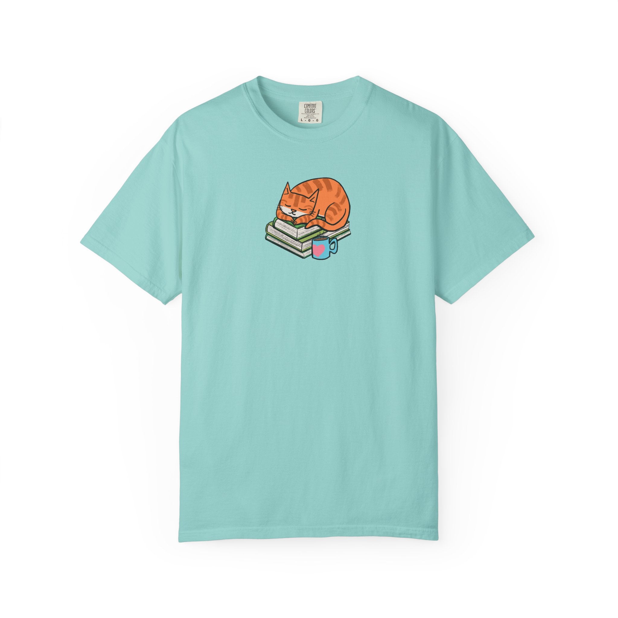 Cute Cat with Books Unisex Garment-Dyed T-Shirt, Cozy Tee, Cat Lover Gift, Bookworm Apparel, Fun Casual Wear, Perfect for Birthday