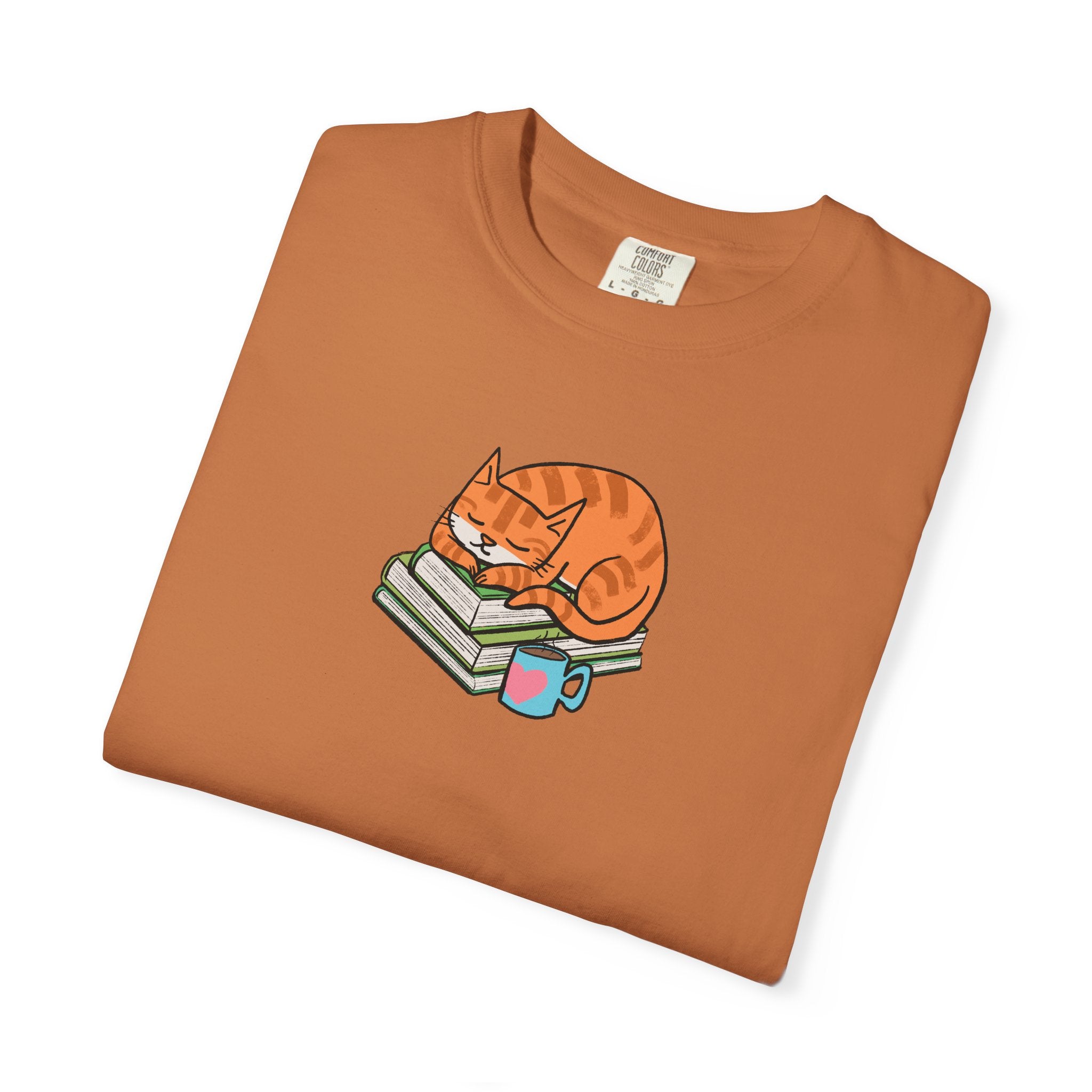 Cute Cat with Books Unisex Garment-Dyed T-Shirt, Cozy Tee, Cat Lover Gift, Bookworm Apparel, Fun Casual Wear, Perfect for Birthday