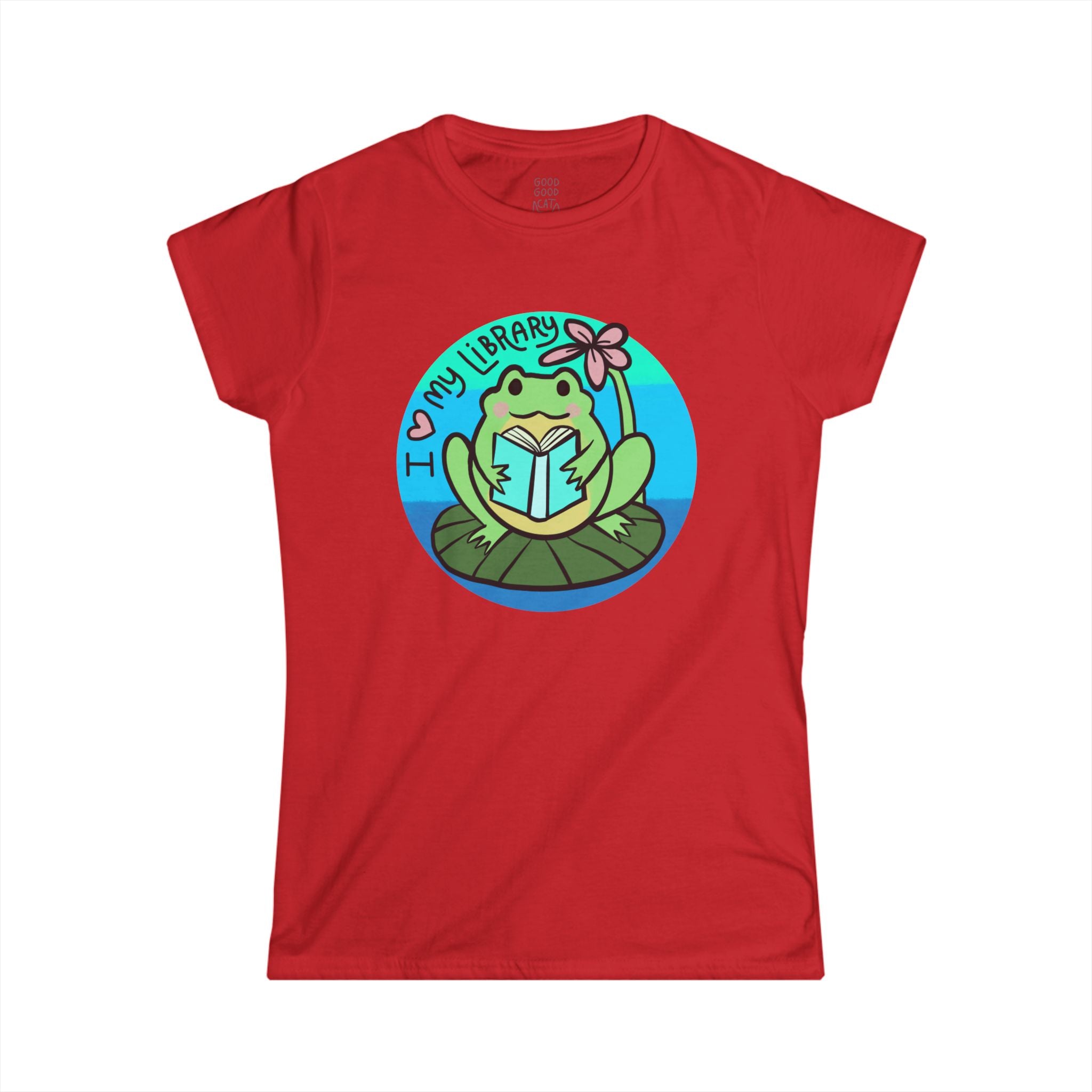 Cute Frog Library Tee | Women's Softstyle Tee, Book Lover Gift, Reading Shirt, School Spirit, Library Day Apparel, Frog Lover T-Shirt