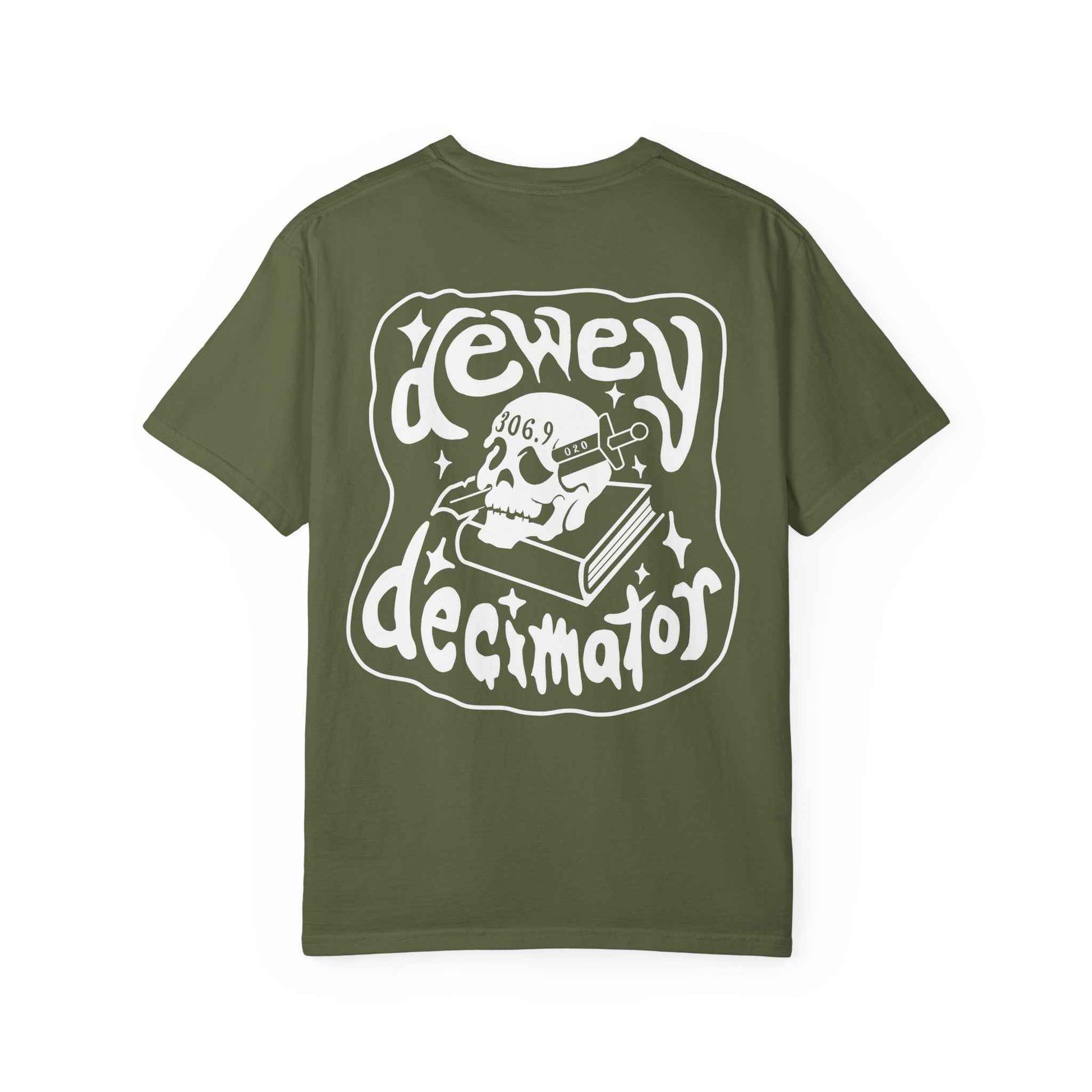 Dewey Decimator T-shirt -- Small Design front, large back