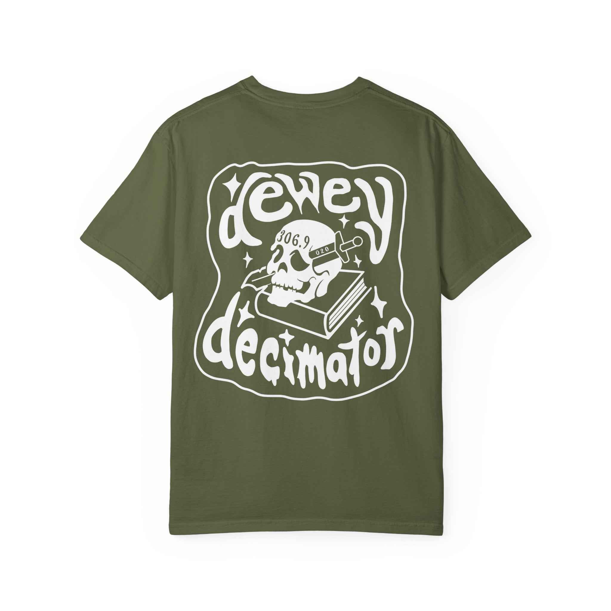 Dewey Decimator T-shirt -- Small Design front, large back