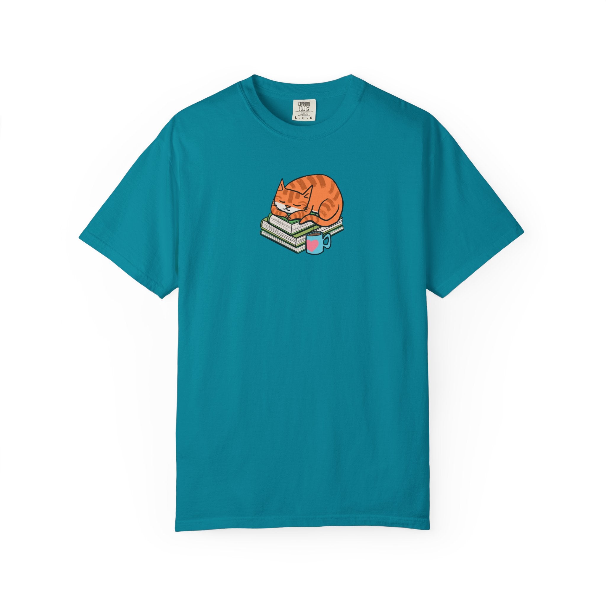 Cute Cat with Books Unisex Garment-Dyed T-Shirt, Cozy Tee, Cat Lover Gift, Bookworm Apparel, Fun Casual Wear, Perfect for Birthday