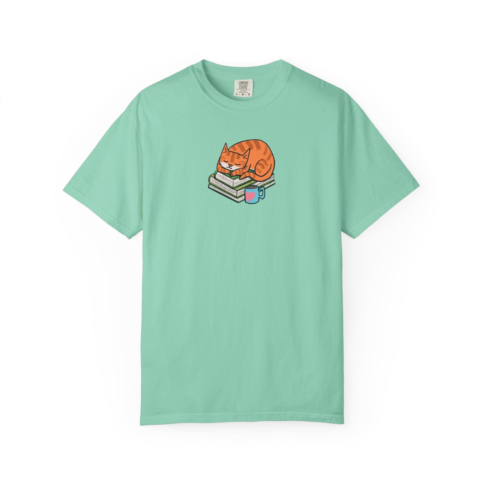 Cute Cat with Books Unisex Garment-Dyed T-Shirt, Cozy Tee, Cat Lover Gift, Bookworm Apparel, Fun Casual Wear, Perfect for Birthday