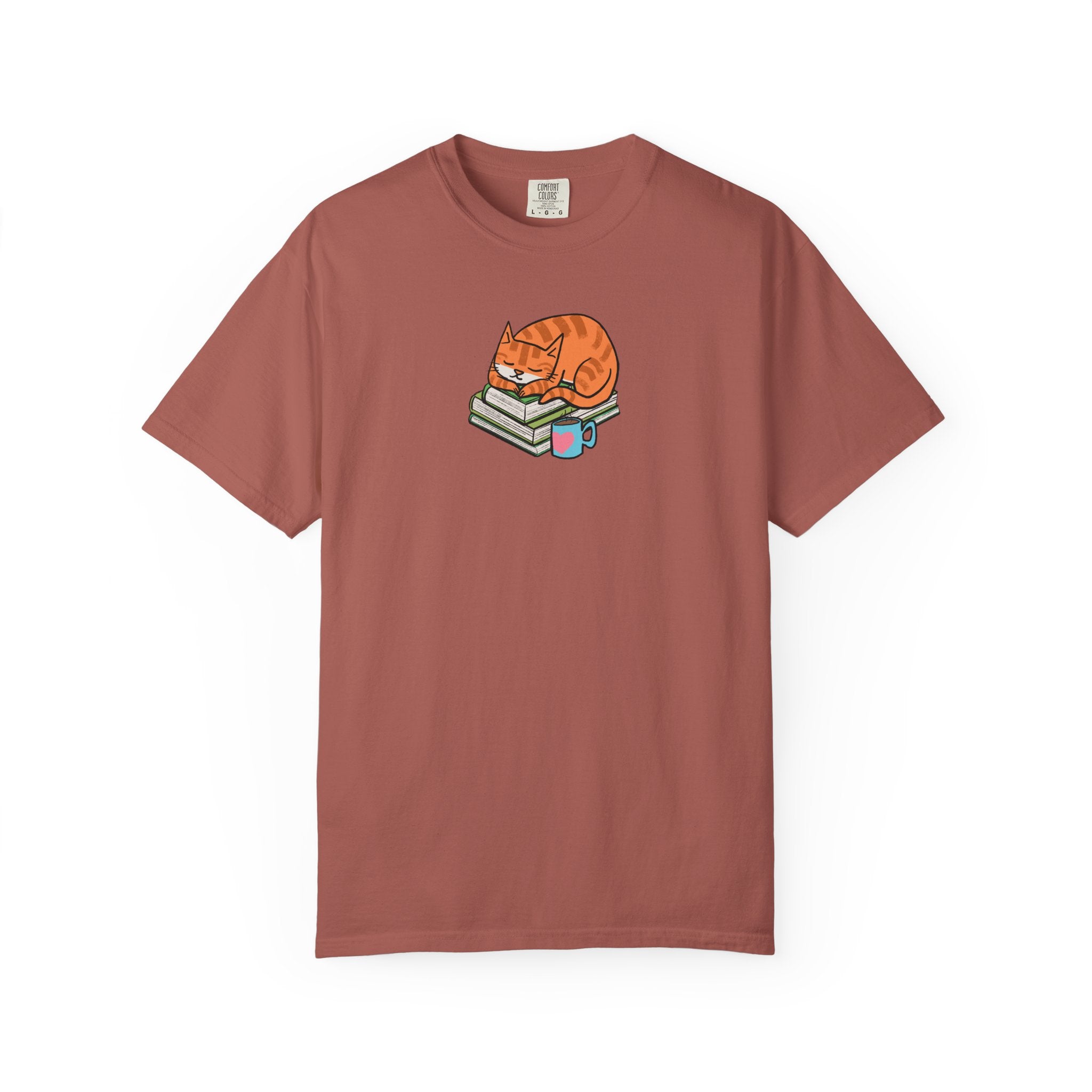 Cute Cat with Books Unisex Garment-Dyed T-Shirt, Cozy Tee, Cat Lover Gift, Bookworm Apparel, Fun Casual Wear, Perfect for Birthday
