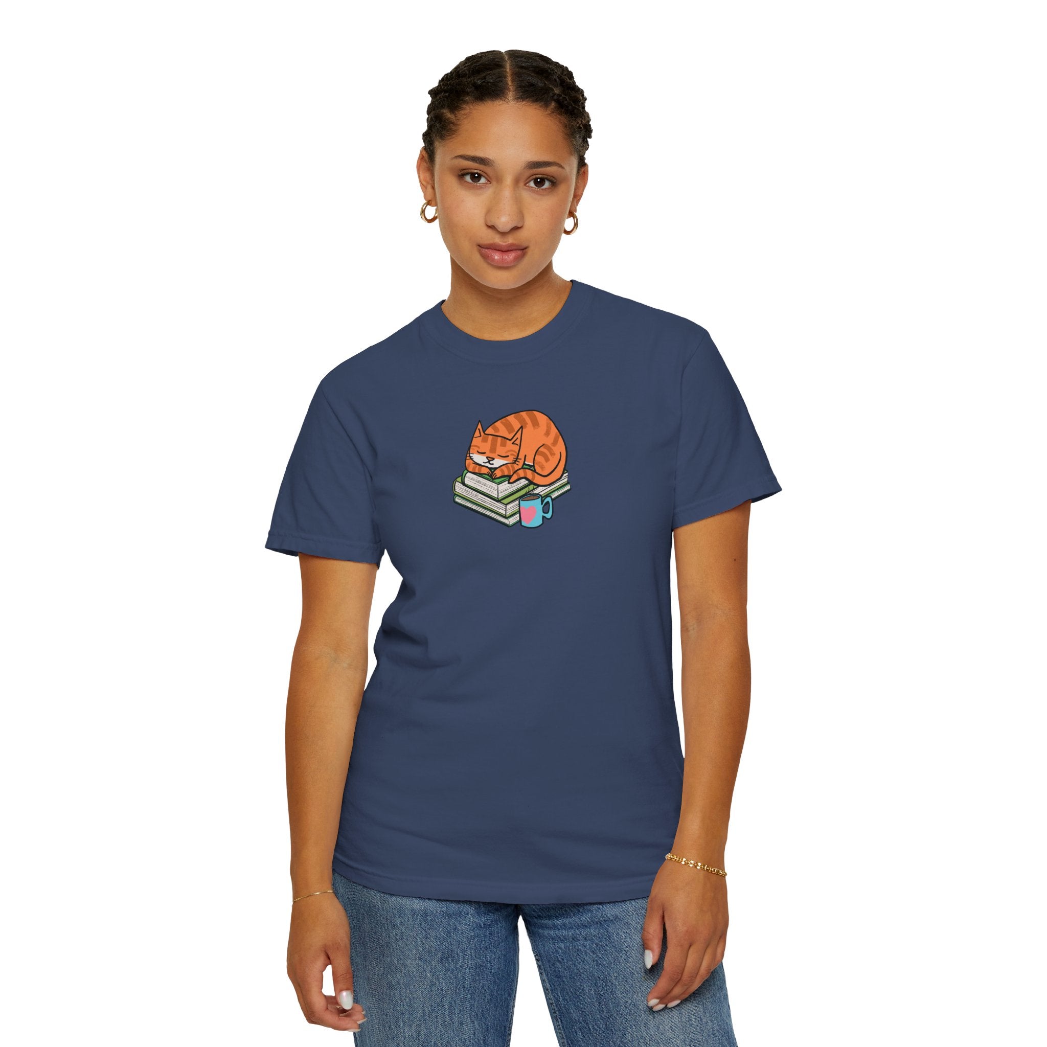Cute Cat with Books Unisex Garment-Dyed T-Shirt, Cozy Tee, Cat Lover Gift, Bookworm Apparel, Fun Casual Wear, Perfect for Birthday