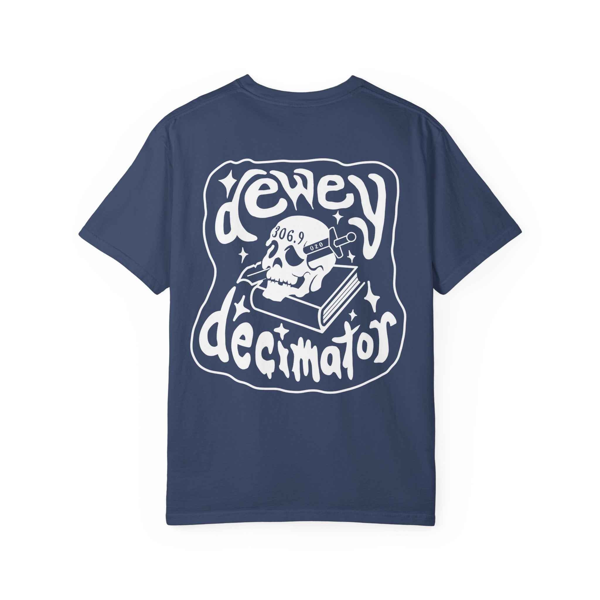 Dewey Decimator T-shirt -- Small Design front, large back