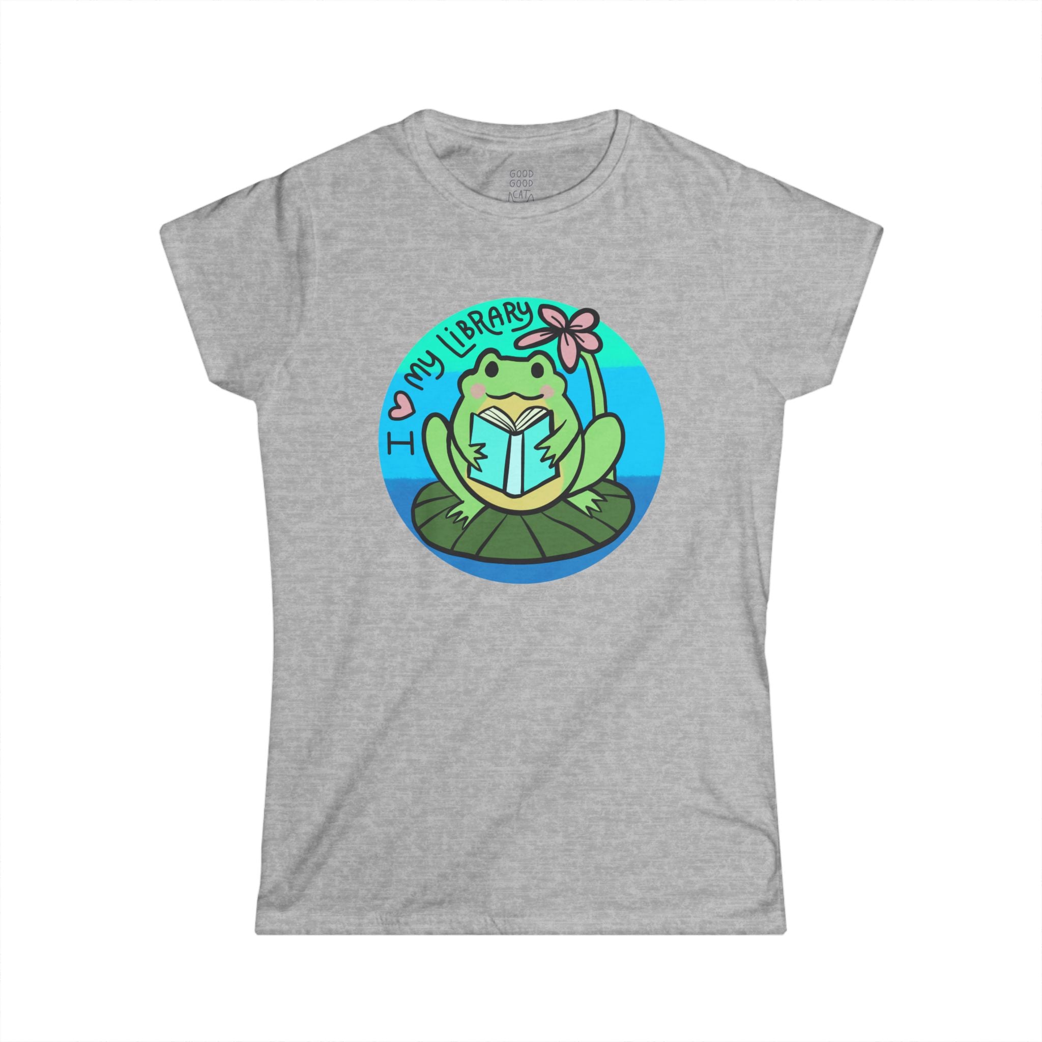Cute Frog Library Tee | Women's Softstyle Tee, Book Lover Gift, Reading Shirt, School Spirit, Library Day Apparel, Frog Lover T-Shirt