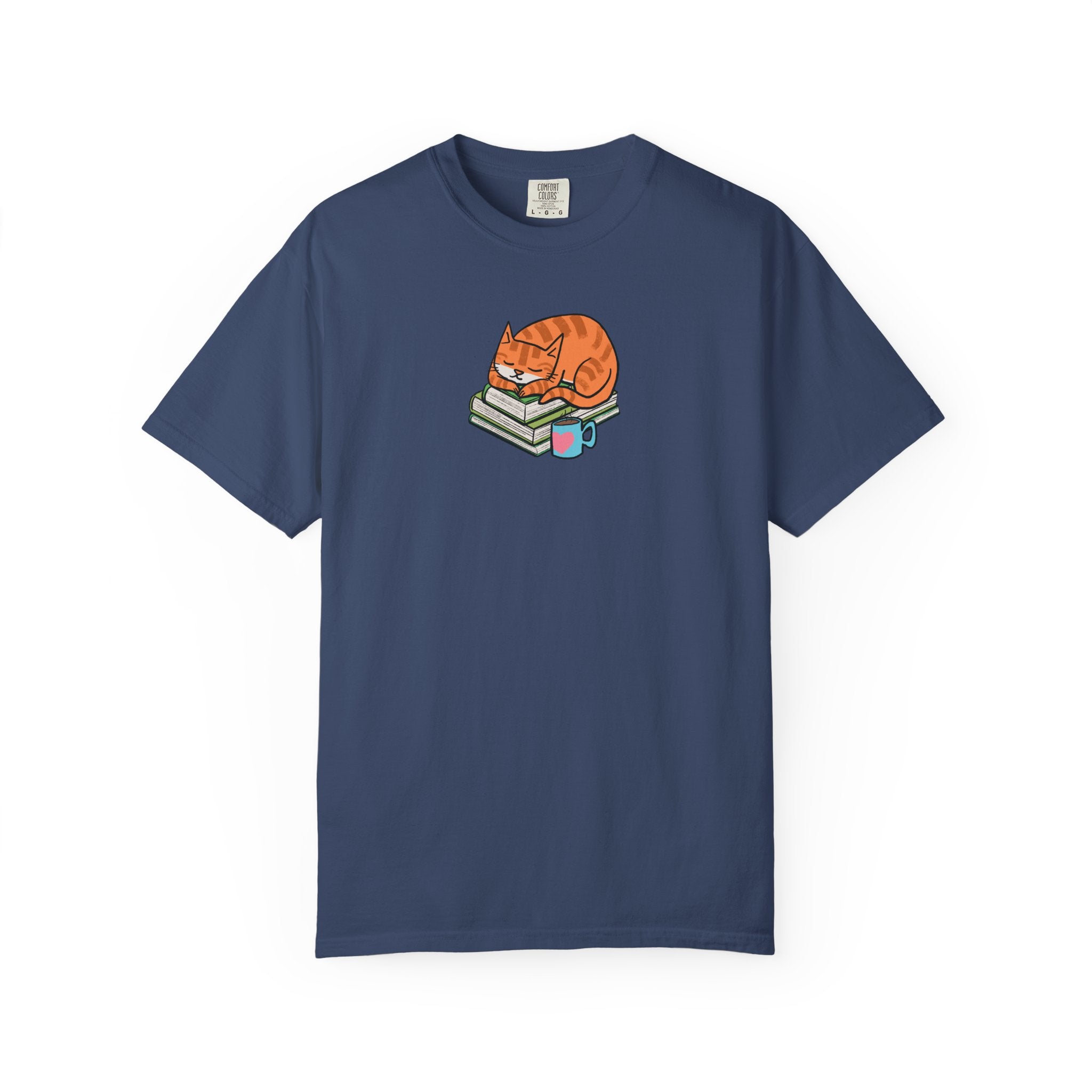 Cute Cat with Books Unisex Garment-Dyed T-Shirt, Cozy Tee, Cat Lover Gift, Bookworm Apparel, Fun Casual Wear, Perfect for Birthday