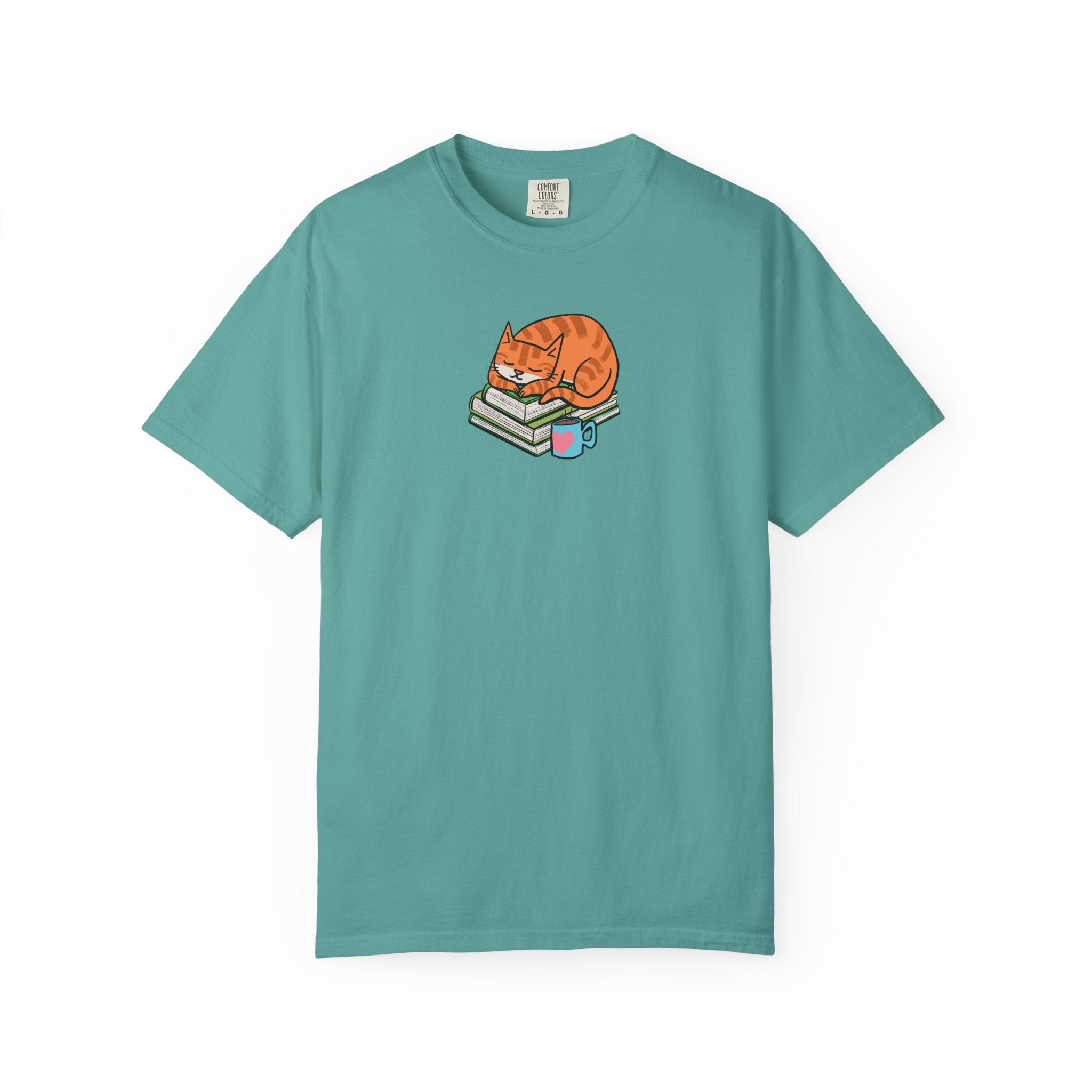 Cute Cat with Books Unisex Garment-Dyed T-Shirt, Cozy Tee, Cat Lover Gift, Bookworm Apparel, Fun Casual Wear, Perfect for Birthday