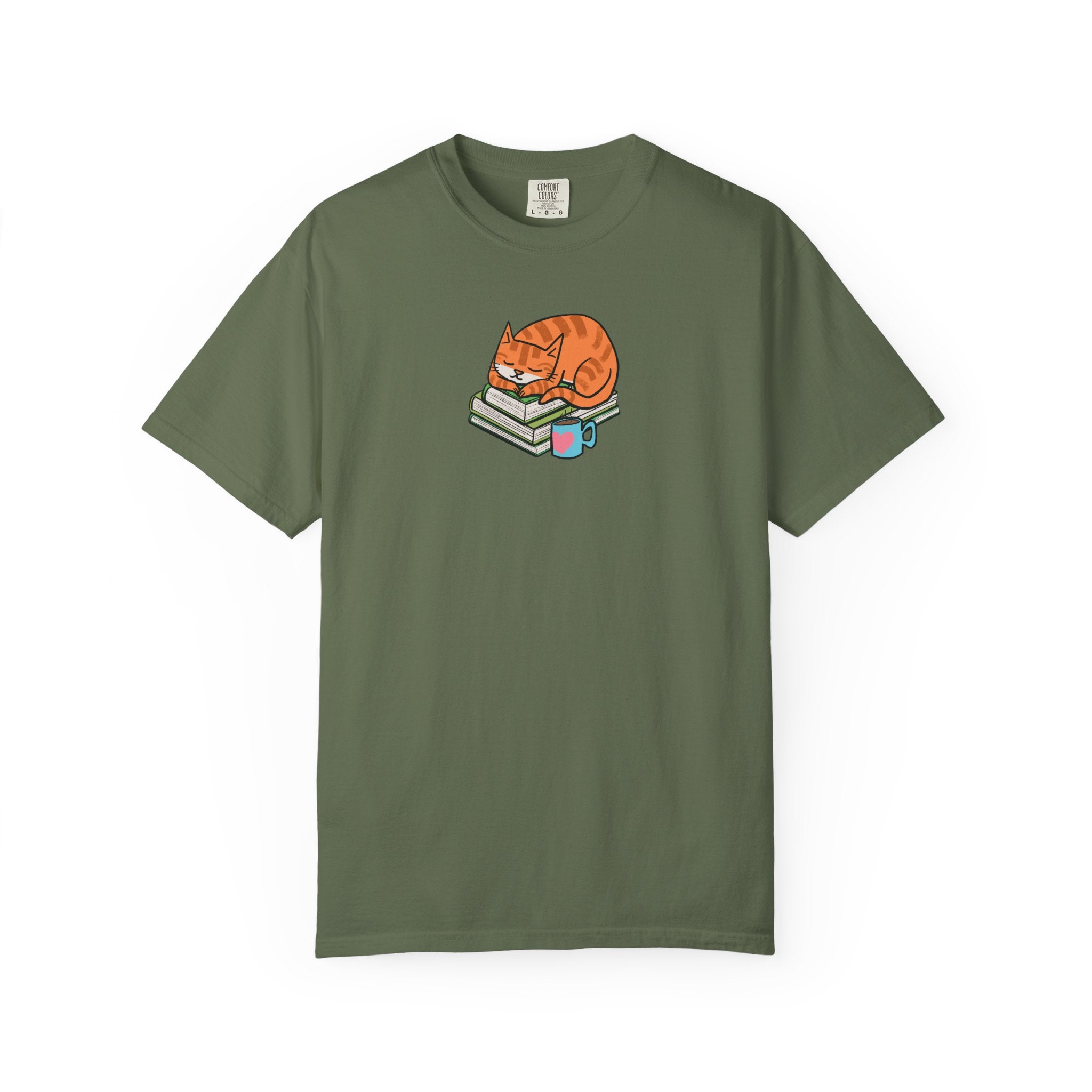 Cute Cat with Books Unisex Garment-Dyed T-Shirt, Cozy Tee, Cat Lover Gift, Bookworm Apparel, Fun Casual Wear, Perfect for Birthday