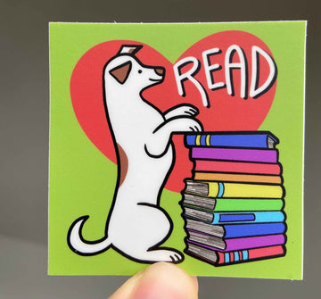 Dog Read Sticker || White Spotted Dog with Books